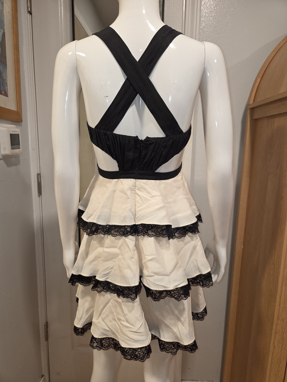 Bebe Black and Cream Tiered Lace Halter Dress - Picture 3 of 12